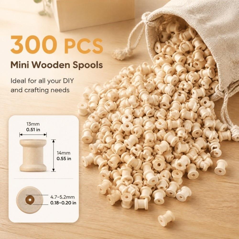 300Pcs Polished Wooden Bobbins Unfinished Barrel Shaped Spools Smooth Empty Wood Spools DIY Craft