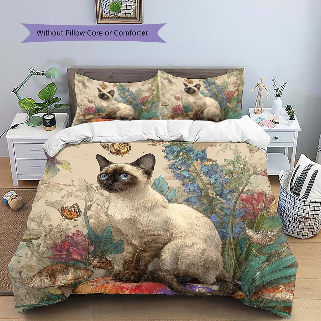 Siamese Cat and Plants Pattern Bedding Home Decoration Birthday Gift (1 * Duvet Cover + 2 * Pillowcase, Without Core)