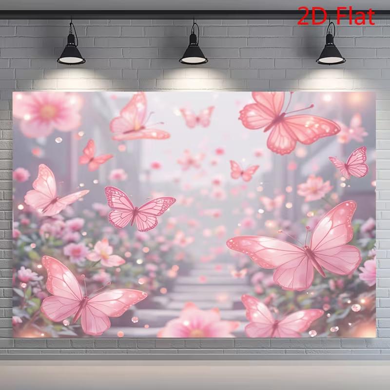 

2D Pink Butterfly Polyester Backdrop, Dreamy Floral Garden Background for Birthday & Wedding Decor 47.2x31.5inch/120*80cm