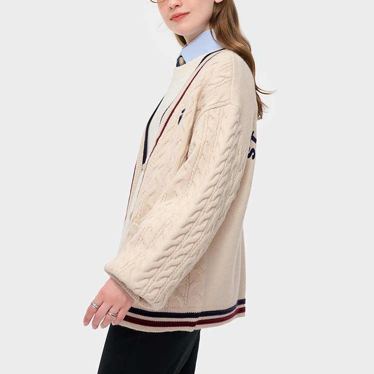 Fila Fusion Retro College Fashion Versatile V-Neck Knit Sweater Women Tops Milk-Beige T11W433403FBG