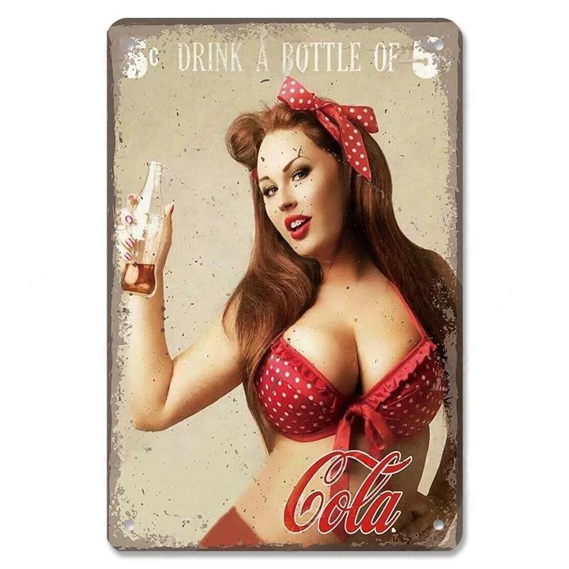 Vintage Cola PinUp Girls Metal Poster Tin Signs Retro Wall Art Decor for Bar Pub Garage Club Man Cave Cafe