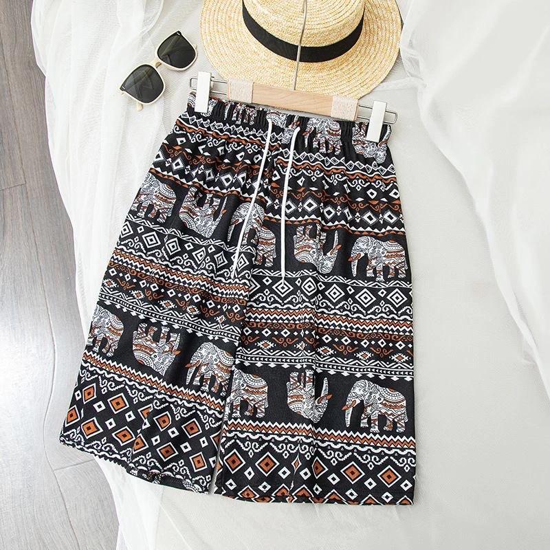 Elephant Pants Shorts Casual Adjustable Elastic High Waistband Strap Rope Women Men Unisex Print Thailand Streetwear Beach Bohemian Retro Vintage