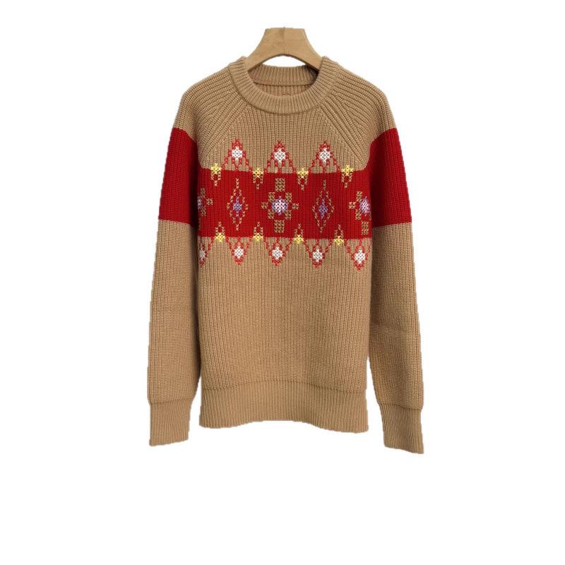 2025 Autumn/Winter Women s Retro Color Block Pure Wool Jacquard Sweater Small
