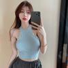 Gebreide nekband vest dames zomer blauw dun slank pasvorm sexy buitenlaag bottoming shirt top trendy