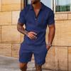 2 szt./zestaw Męski zestaw koszula i spodenki Zamek przy dekolcie Klapy Jednolity kolor Krótki rękaw