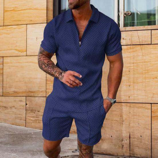 2 Pcs/Set Men Shirt Shorts Set Zip Neckline Lapel Solid Color Short Sleeves