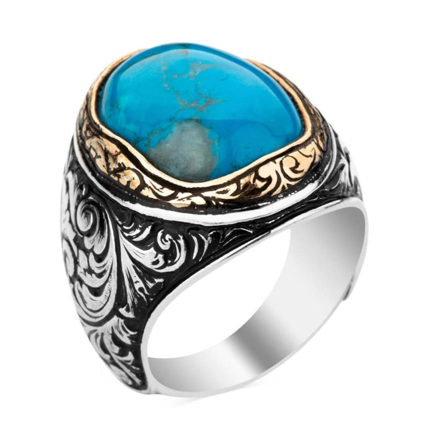 

Бирюзовый бирюзовый камень Ручка с гравировкой Узорчатое мужское кольцо из стерлингового серебра