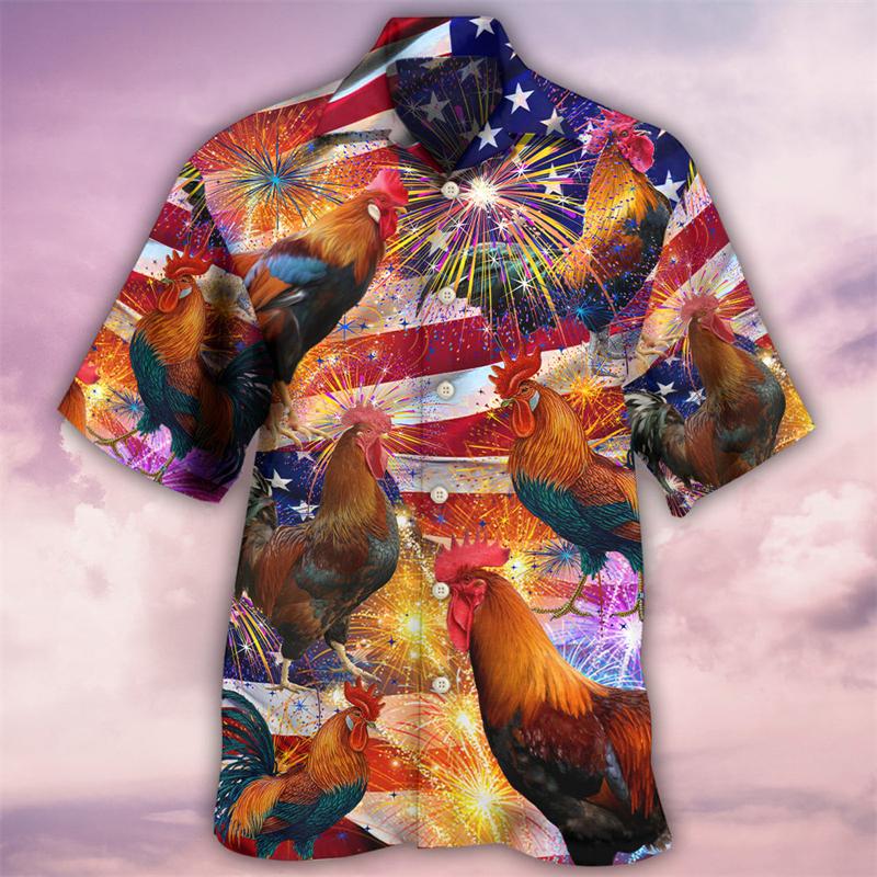 Latest Unisex Loose and Breathable 3D Printed Fashionable Chicken Shirt Beach Hawaiian Top Short Sleeved Summer Shirt
