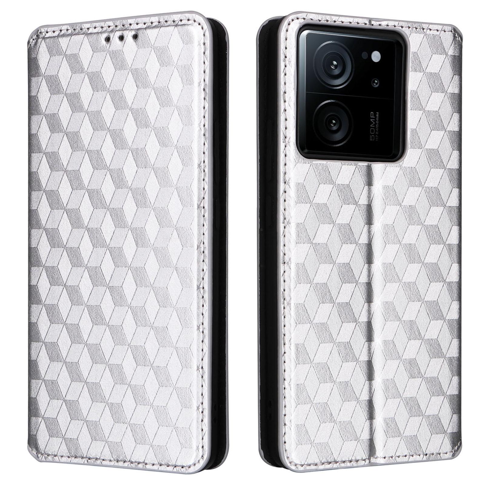

PU Leather Stand Cover For Xiaomi 13T/13T Pro/Redmi K60 Ultra,Rhombus Imprinted Wallet Phone Case Shell Silver