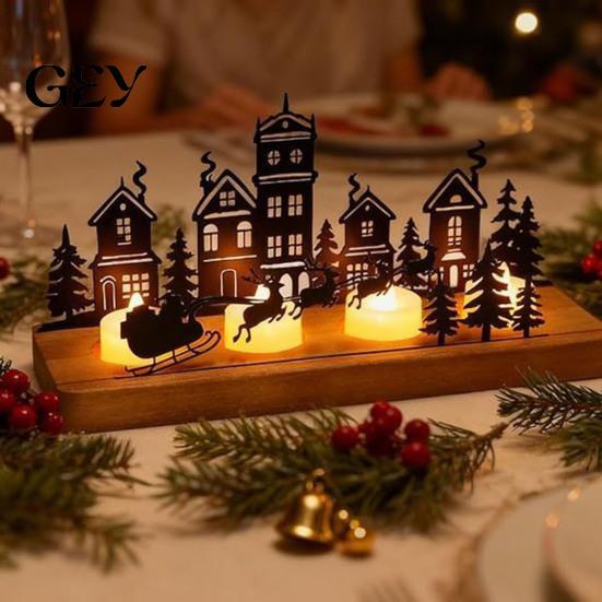 Farmhouse Candle Stand Christmas Town Silhouette Holder, Wooden Tea Light for Decorative Fireplace Accents Tabletop Decoration, Metal Festive and Home