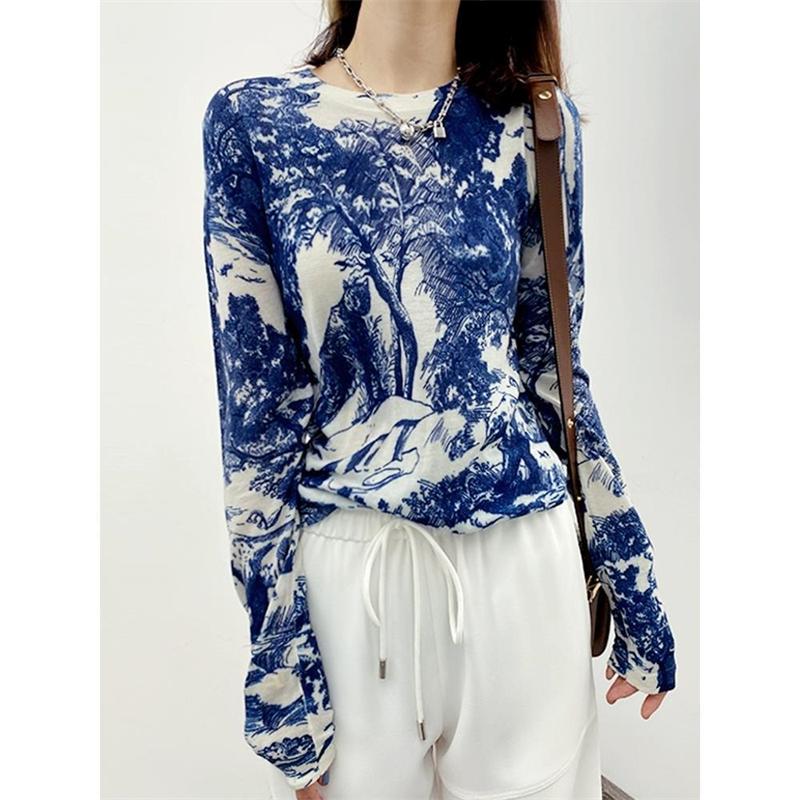 Women's Korean Fashion Vintage Print Elegant Knitted Sweater Harajuku Casual Chic Long Sleeve Knitwear Slim Basic Pullover Tops