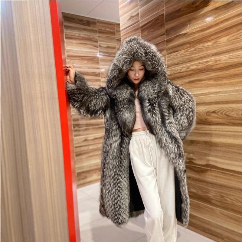 Women s Winter Grey Faux Fur Long Coat Oversized Hooded Overcoat S