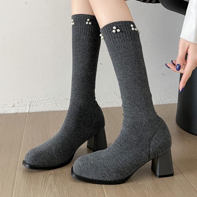 Fashion Pearl Women High Boots Knitting Knee High Heels Sock Boots Elegant 2025 Trend New Shoes Fashion Winter Party Sexy Chunky Pumps