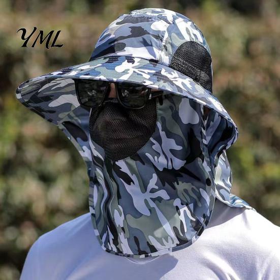 Breathable Mesh Face Mask Hat Sun Hats for Men, UV Protection Fishing with Neck Flap & Mask, Full Coverage Wide Brim Bucket Hat, Foldable Summer