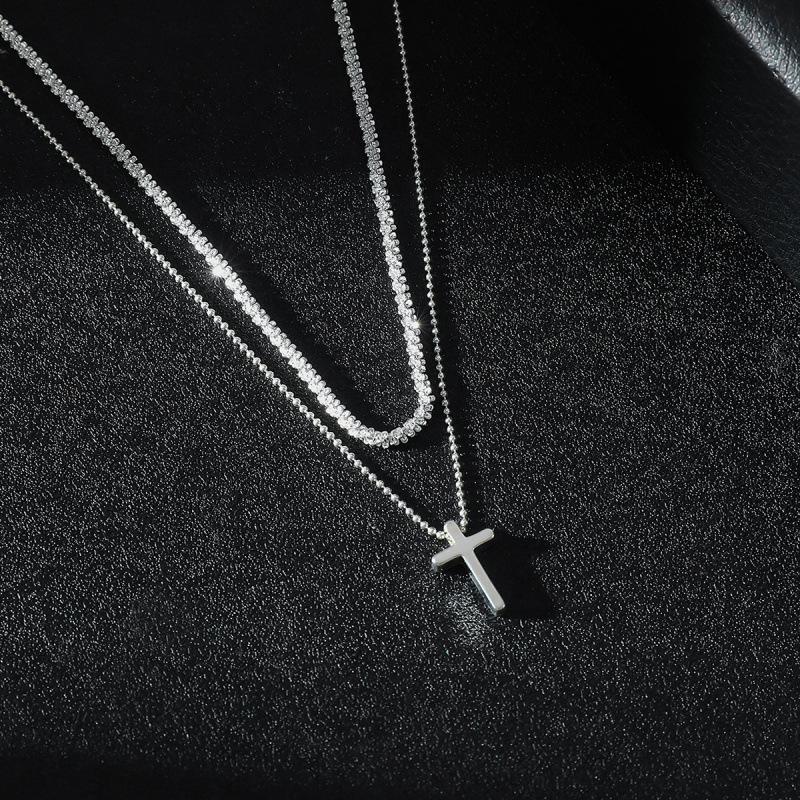 European & American Silver Double Layer Bead Cross Necklace - Minimalist Luxury Jewelry