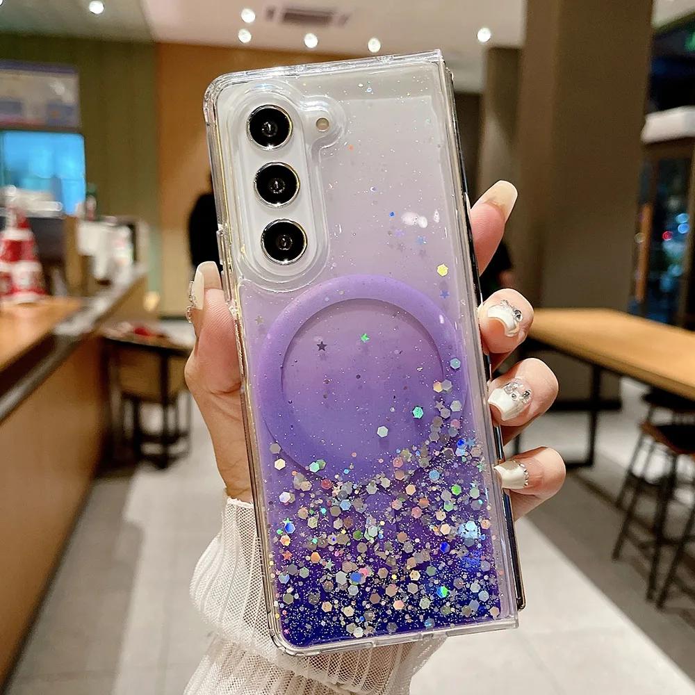 

Для Samsung Z Fold 6 5 Чехол Gradient Glitter Магнитный чехол Magsafe Для Samsung Z Fold5 Z Fold4 Z Fold3 Чехол для беспроводной зарядки For Samsung Z Fold 3 фиолетовый