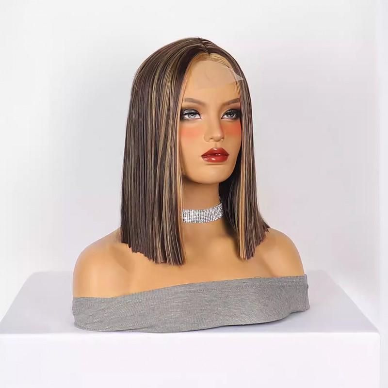 Brown Highlight Short Straight Lace Front Wig Women Synthetic Heat Resistant Glueless