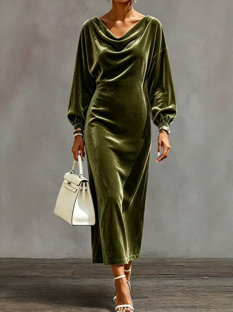 Autumn and Winter Women's Clothing, Fashionable New Velvet Lantern Sleeves Swing Neck Long-sleeved Split-ended Dress