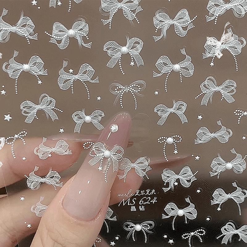 Autocollant pour ongles en forme de nœud en dentelle perlée avec diamants en relief, autocollant adhésif stéréoscopique à faire soi-même
