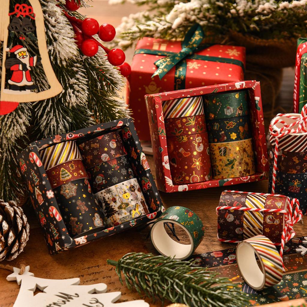 6 ruller Merry Xmas Washi Tapes Sett Gullfolie Selvklebende Maskeringstape Juledekorasjonsklistremerker for Album Gaveinnpakning