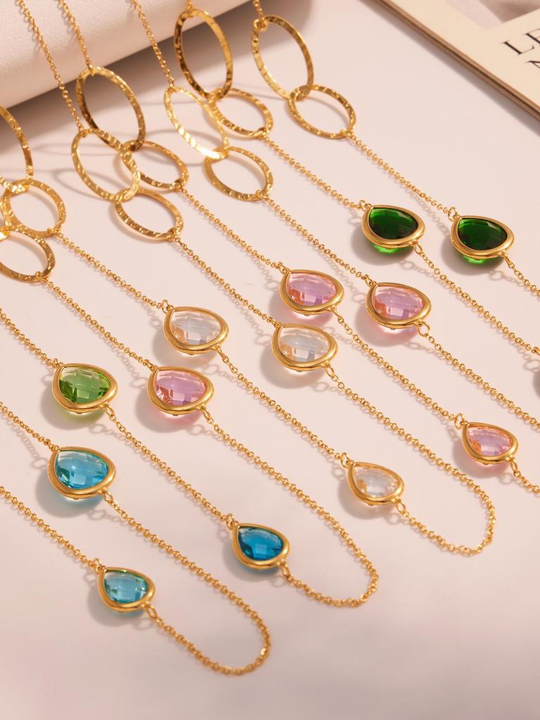 European & American Water Drop Glass Stone Long Sweater Necklace with Hollow Round Ring in Non-Fading Titanium Steel