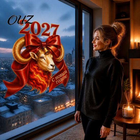 Flexible Shape Window Stickers 2027 Year of Goat Cling, Static Decal with Red Bow, Chinese Non Adhesive Glass Film New Sticker, Reusable PVC Decor for