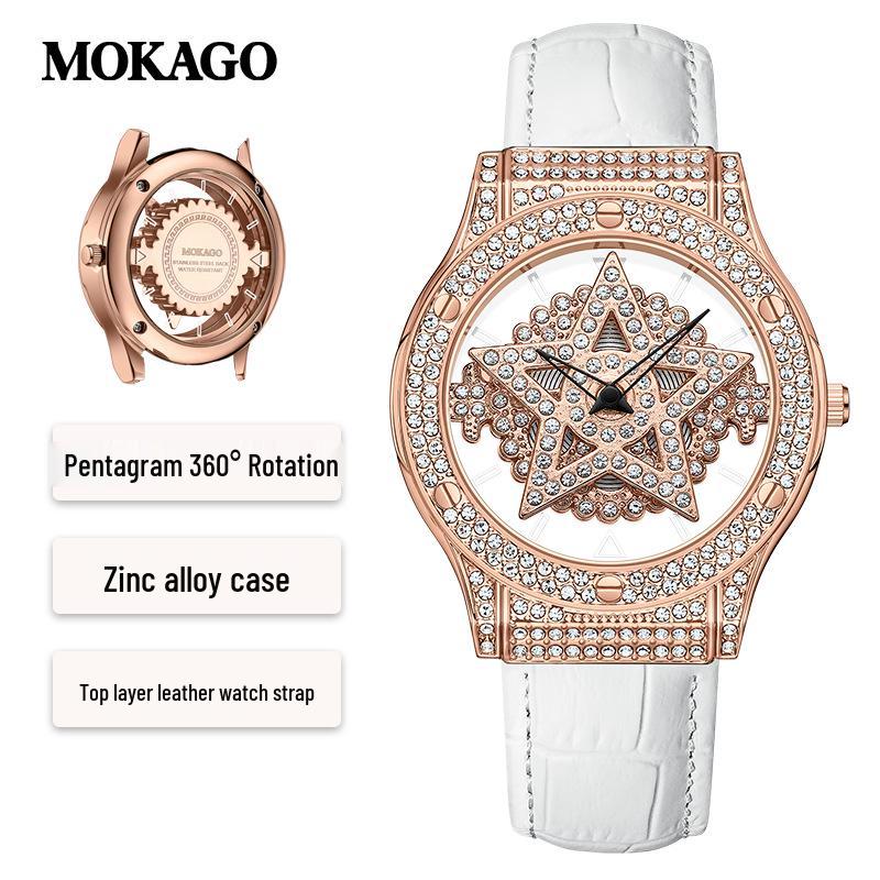 Mokaga Popular Quartz Watch with Diamond Star & Rotating Design: Waterproof & Fashionable Wristwatch
