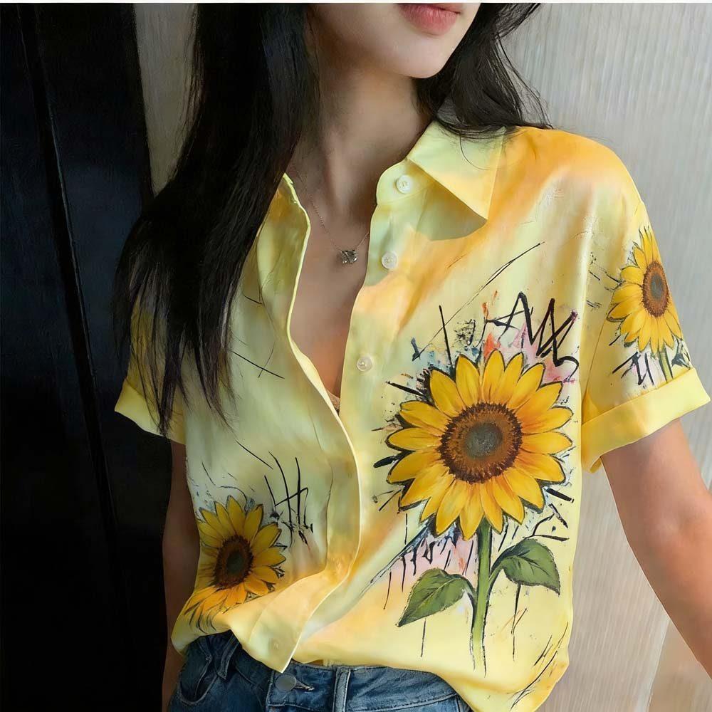 Songkran Festival Women s Yellow Sunflower Print Short Sleeve Top - Cute Casual Style S