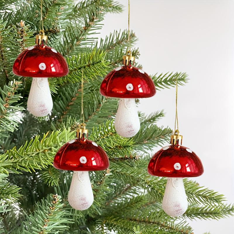 4pcs/6pcs Christmas Mushroom Hanging Decorations Red White Glossy Plastic Mushroom Ornaments with Black Dot Design, Golden Loops for Christmas Tree,