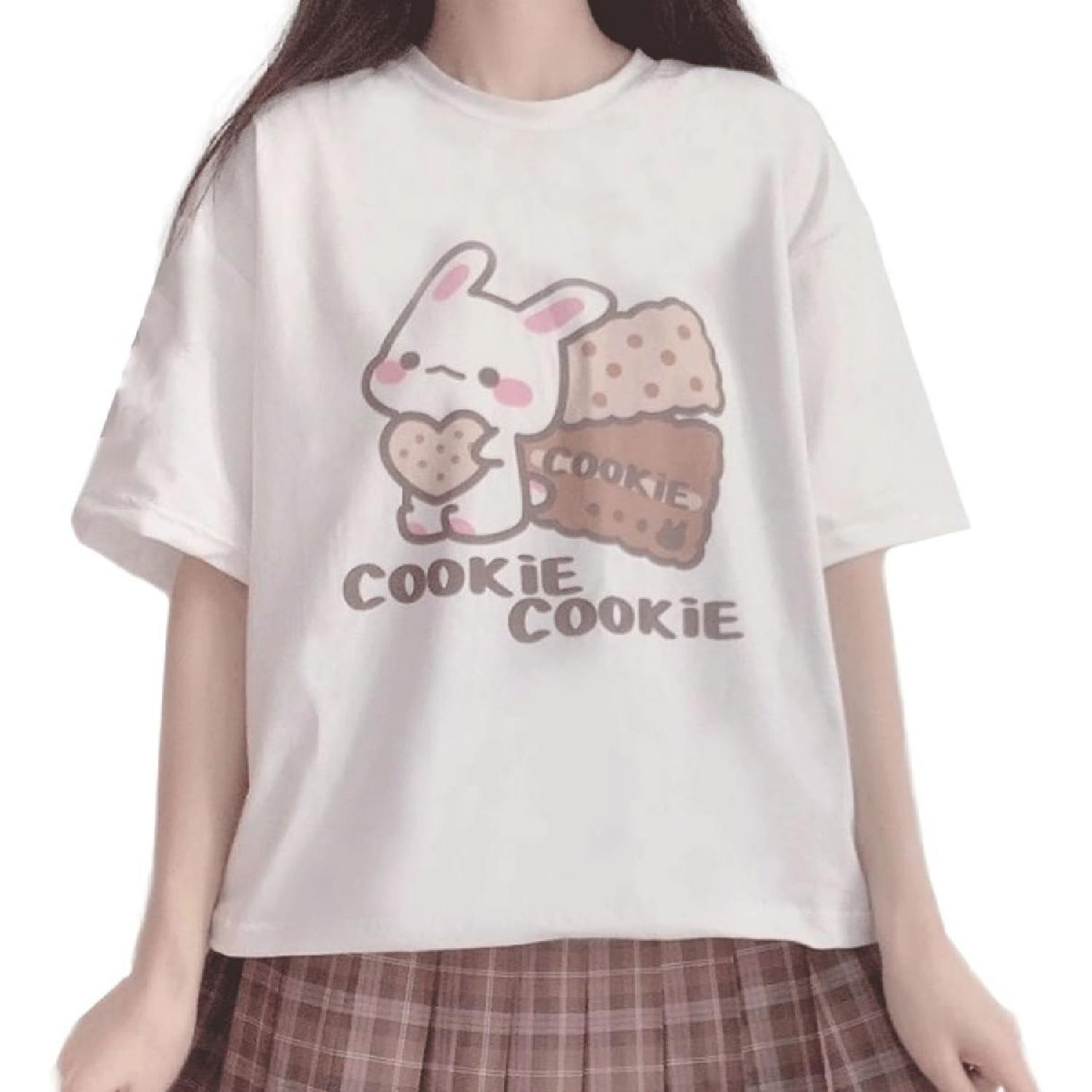 Харадзюку Каваи Мода Пастельный Готический Повседневный Стиль Круглый Вырез Мягкий Мультяшный Милый Кролик Печенье Принт Футболка S