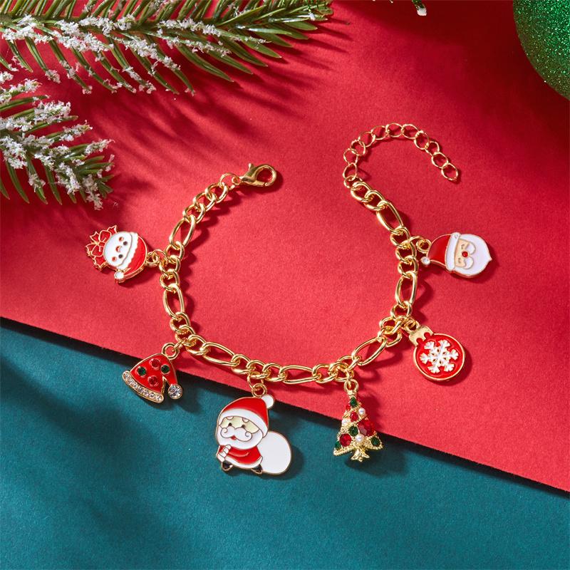Creative Christmas Elk Bell Zircon Bracelet for Women Cute Santa Claus Tree Candy Cane Stocking Multi Pendant Chain Zircon Gift