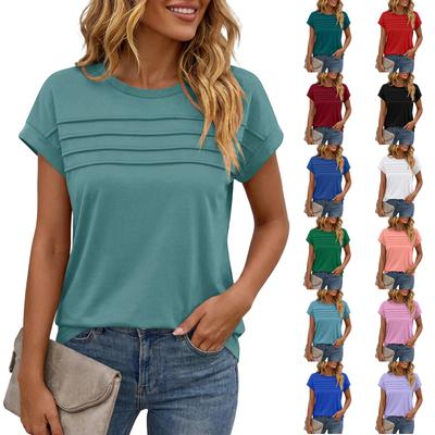 Women's Casual Top Monochrome Pleated Top Round Neck Short Sleeved Shirt
