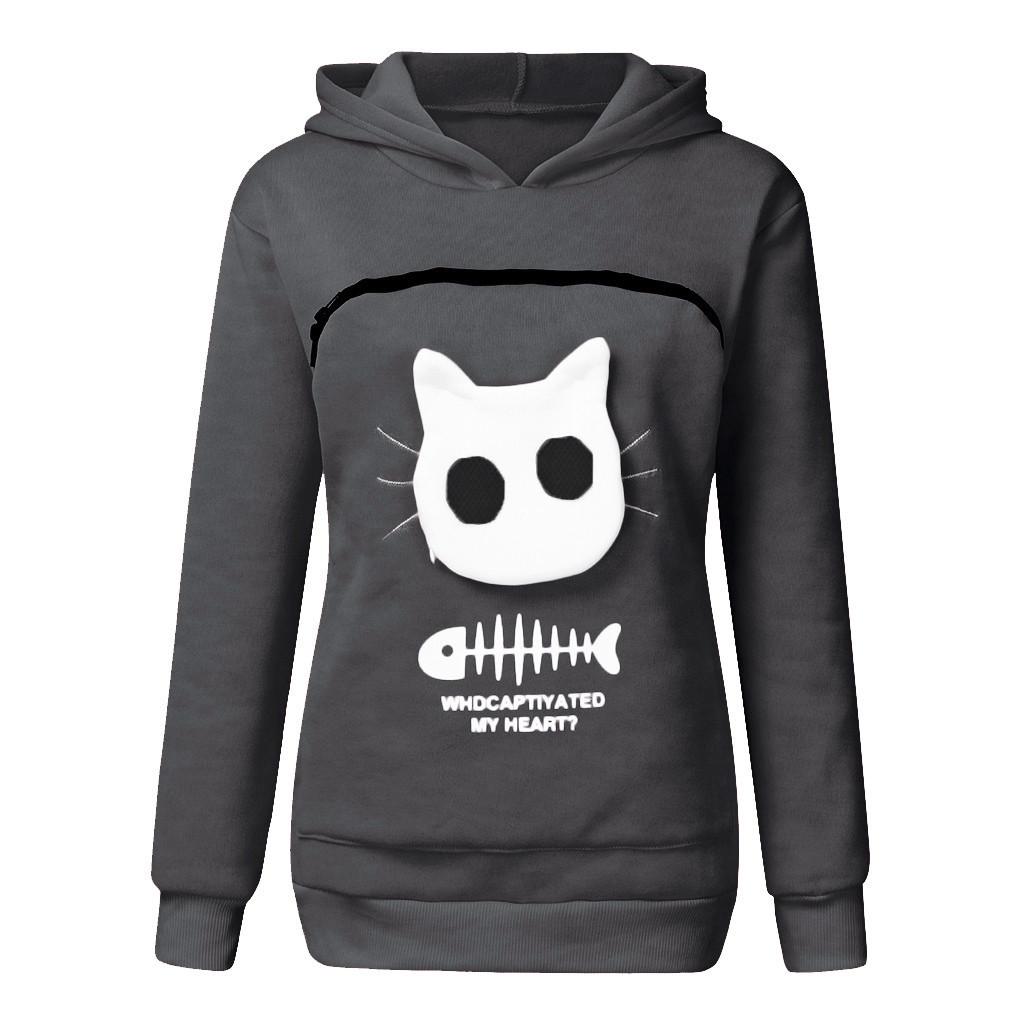 Women’s Sweatshirt  Pouch Hood Tops Carry Cat Breathable Pullover Blouse