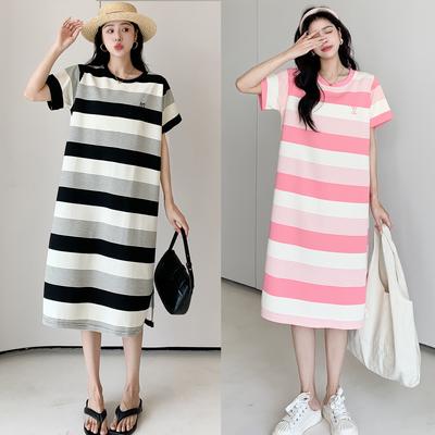 MODIQUE Summer Plus Size Women Loose Versatile Sweet A-Line Stripe Spliced T-Shirt Long Dress Female Casual Oversize Cotton Short Sleeve O-Neck Dress