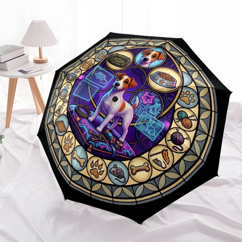 Glass Dog Fantasy pattern umbrella, portable and foldable design, 8 ribs, a casual accessory for Halloween, Christmas, and birthday gifts.
