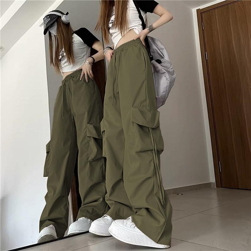 American Style Vintage Overalls Women's Three-Dimensional Pocket High Waist Straight Wide Leg Ribbon Loose Casual Trousers