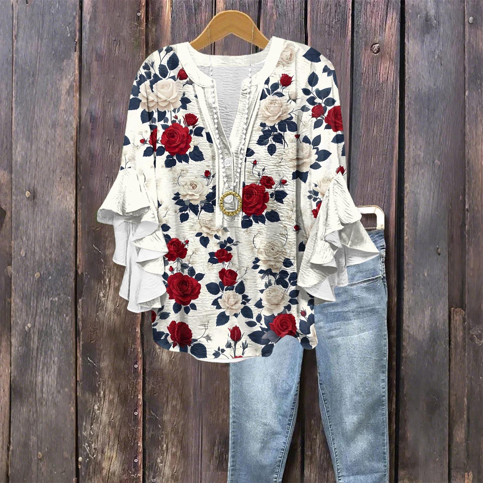 

Топи для жінок Милі гудзики V-подібний виріз Рукав 3/4 Блузки Принтований топ Повсякденні сорочки XL винний