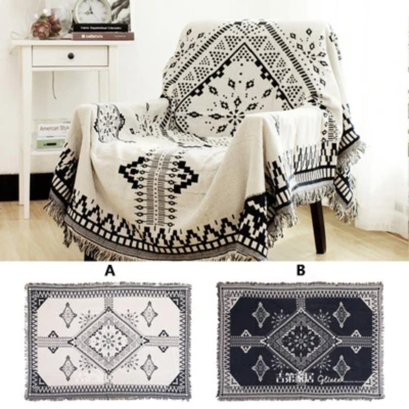 Retro Rutig Vinter Bomull Linne Vävda Linjer Filt Soffhandduk Stickad Förtjockad Värmedyna Mat Bohemisk Boho Pläd Rese Sängöverkast