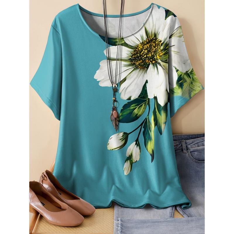 Large-size Floral Print Women's T-shirt, Short-sleeved Loose-fitting Comfortable Women's Top