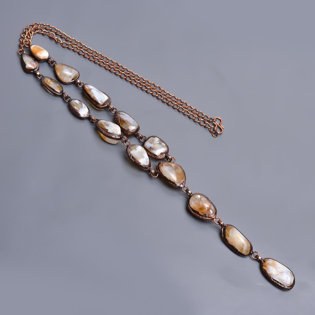 Natural Citrine Rough Copper Birthday Gift Chain Electroformed Necklace Jewelry V-20