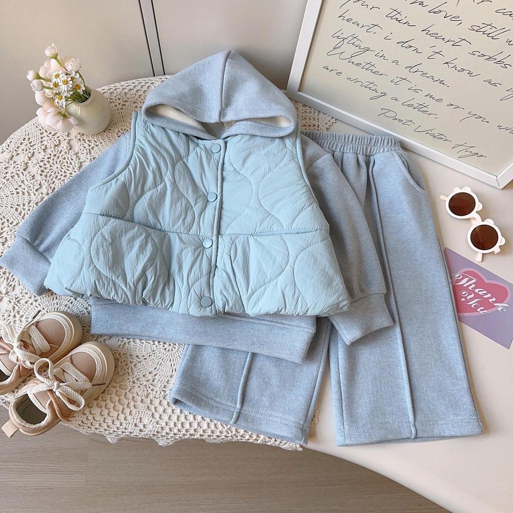 New Winter Girls' Casual Three-Piece Set: Hooded Vest, Sweatshirt, and Long Pants (AWB107)