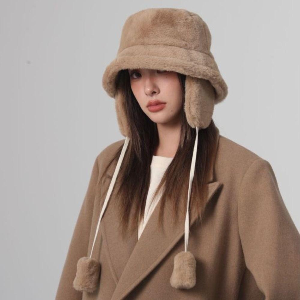 Solid Color Winter Fisherman Hat Anti-cold Plush Bucket Cap Ear Protection Cap  Outdoor