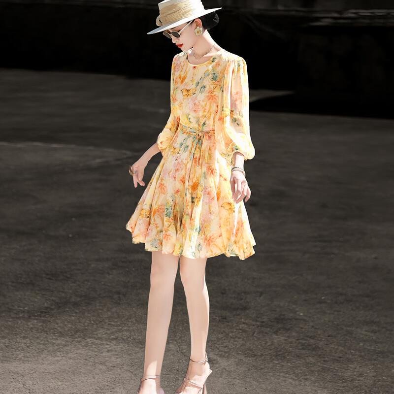 Lanseer Elegant Chiffon Printed Waist-Tie Short Dress