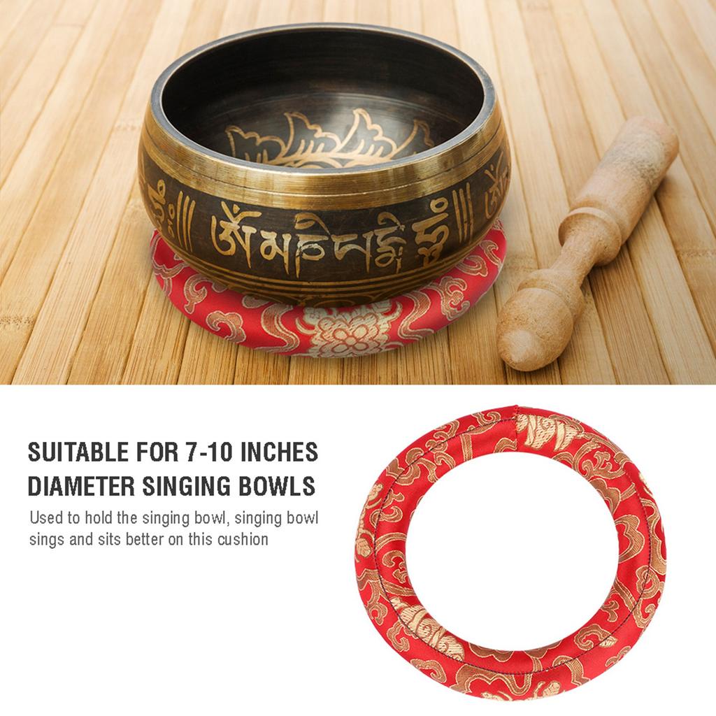 18cm Silk Brocade Round Meditation Singing Bowl Cushion Ring Pillow(Red)