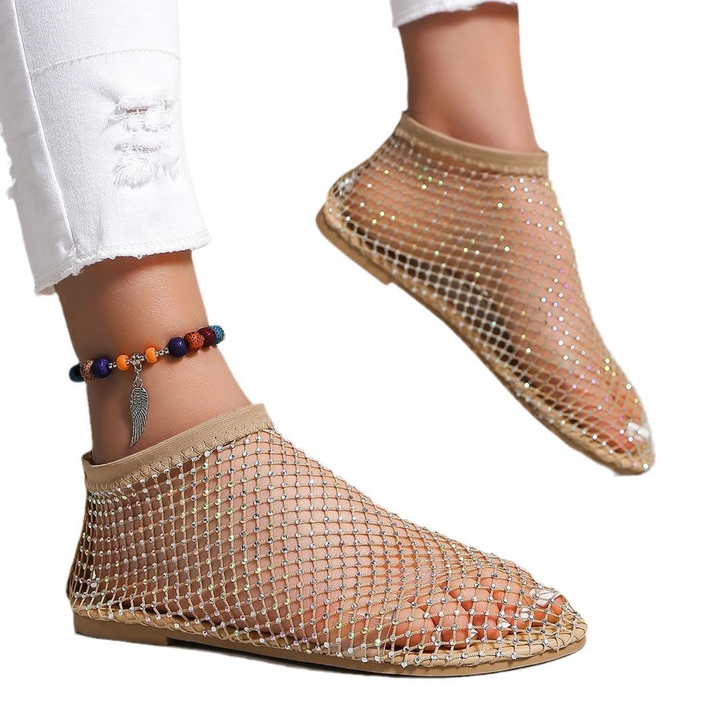 2024 Summer New Round Head Sandals Hollow Internet Celebrity Diamond Short Boots Summer Sexy Large Size Flat Shoes