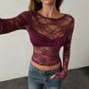 Solid Lace Sheer Long Sleeve Top Women Slim Flattering Chest Ruched Bell Sleeve Fashion Daily Basic Office Lady Casual Slim Fit Ladies Elegant Top
