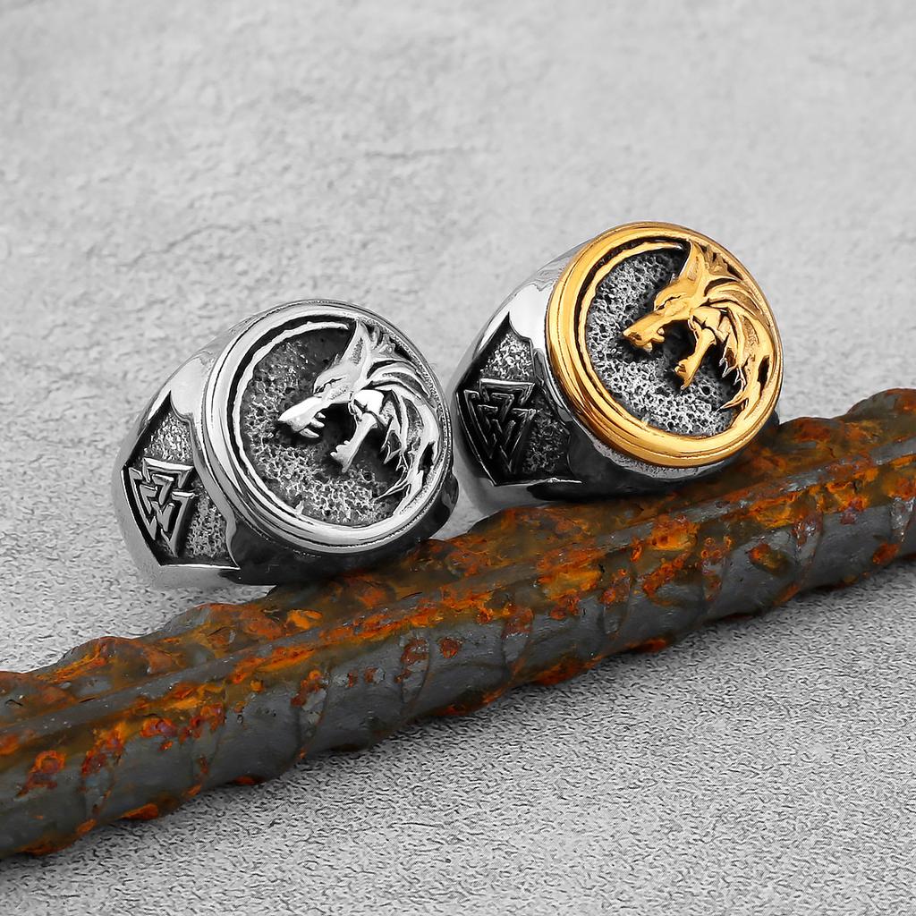 Stainless Steel Viking Wolf Head Ring Never Fade Gold Color Mens Hunting Game Hunter Wolf Claw Ring Nordic Jewelry Gift