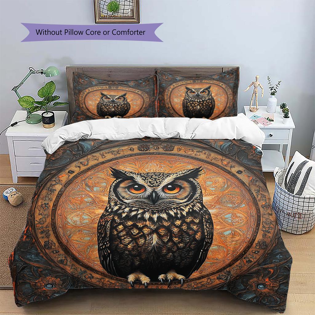 Retro Patterned Owl  Pattern Bedding Quilt Set Quilt Cover Pillowcase Home Decoration  Gift (1 * Duvet Cover + 2 * Pillowcase, Without Core)