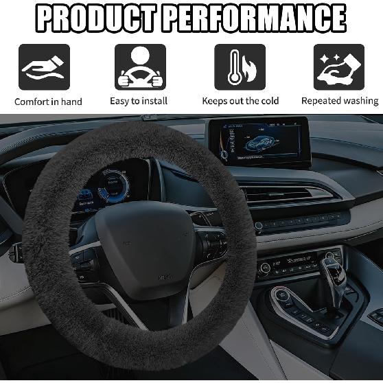 Wuyaoyao Fuzzy Car Steering Wheel Cover, 15'' Soft Auto Steering Wheel Protector For Warm Winter, Elastic Anti-Slip Fluffy Wheel Covers, Car