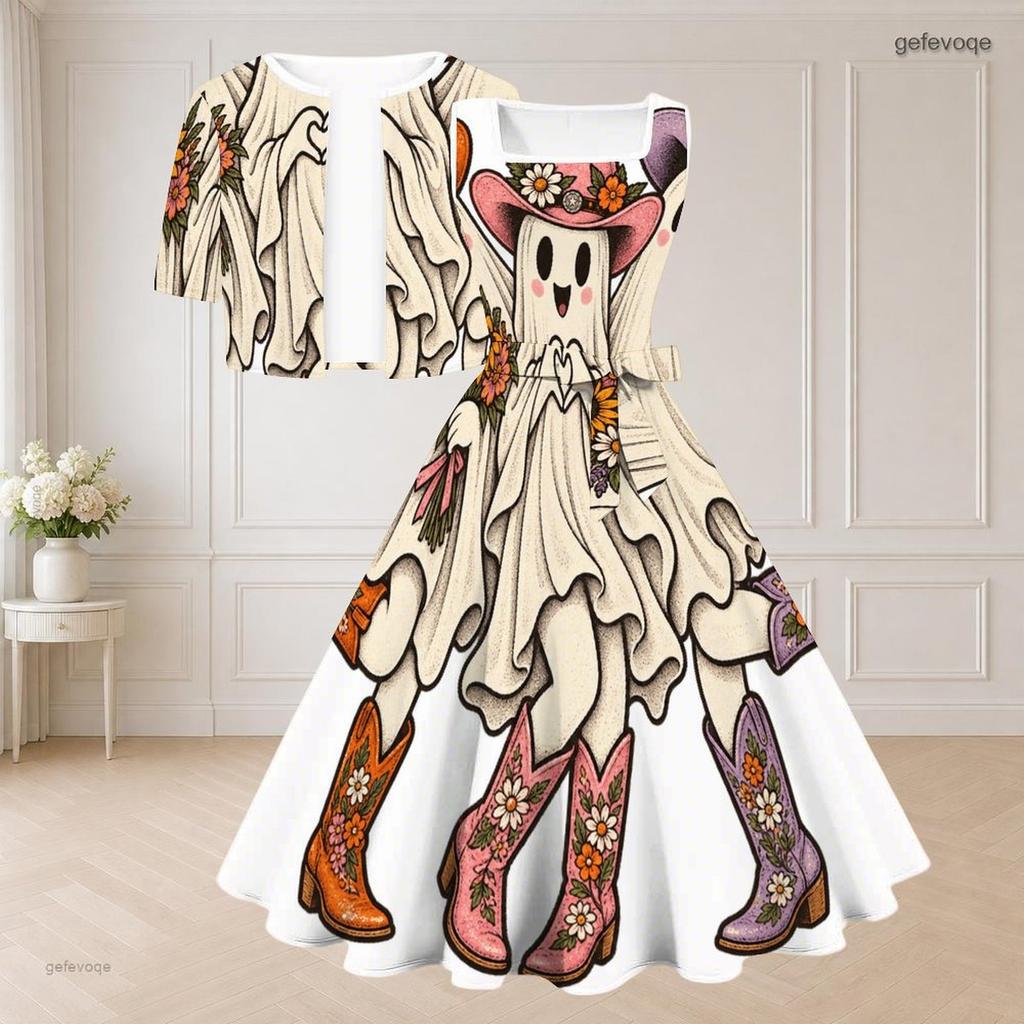 Women Plus Size Two Piece Dress Set Short Sleeve Cropped Shrug Sleeveless Square Neck Tie Waist Flared Bear Pumpkin Printed